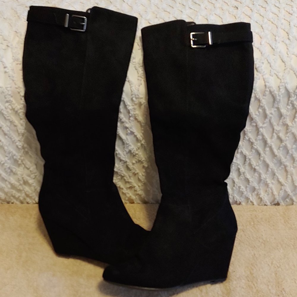 JESSICA SIMPSON Faux Suede MidCalf Wedge Boots Top Buckle Detail